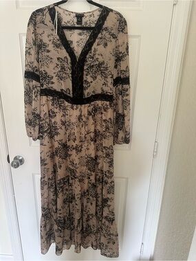 Sheer Floral Maxi Dress with Black Lace Trim - Pink-Beige